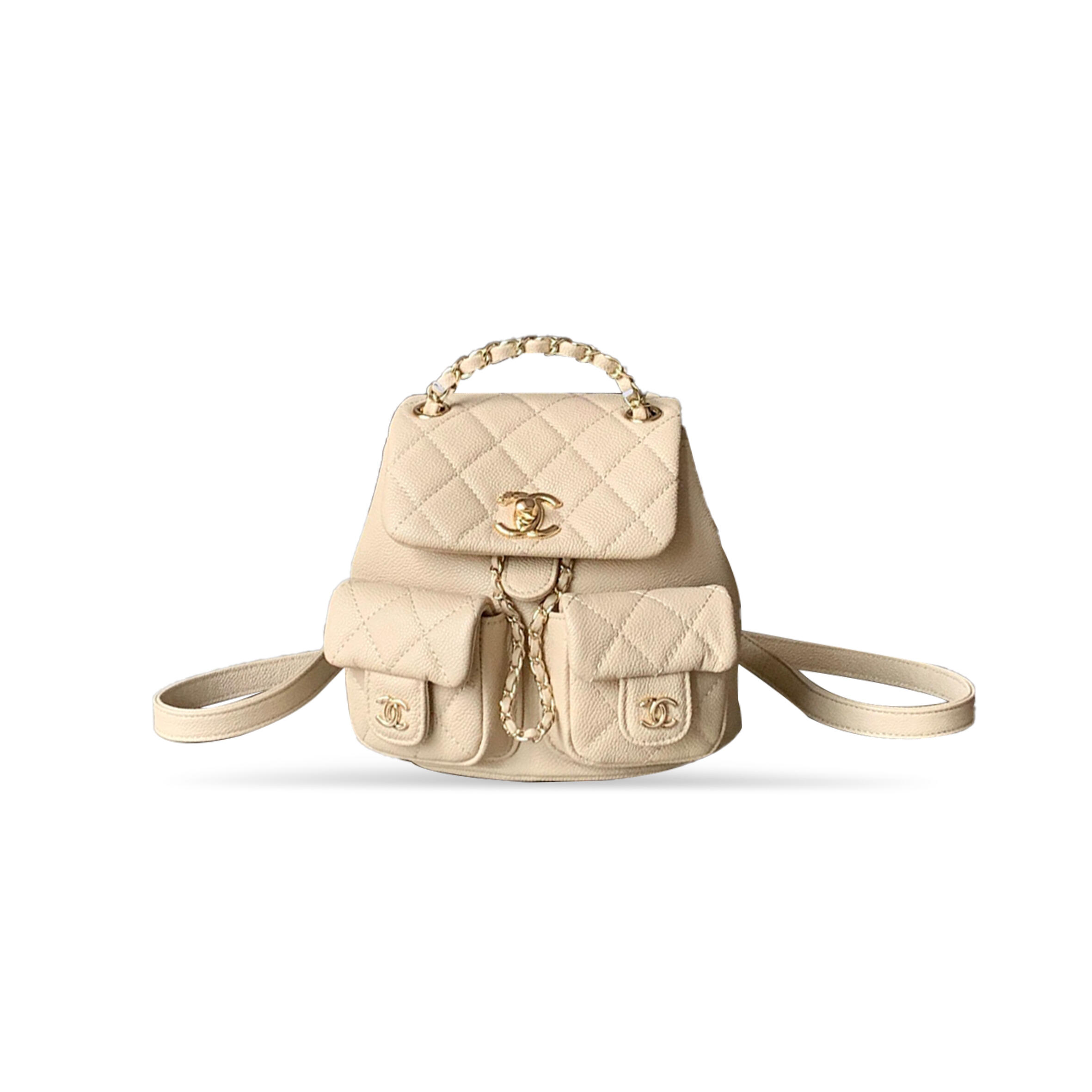 CHANEL MASTER SMALL SHINY CAVIAR QUILTED DUMA POCKETS DRAWSTRING BACKPACK MILK TEA COLOR 129220 (17.5*16.5*10cm)